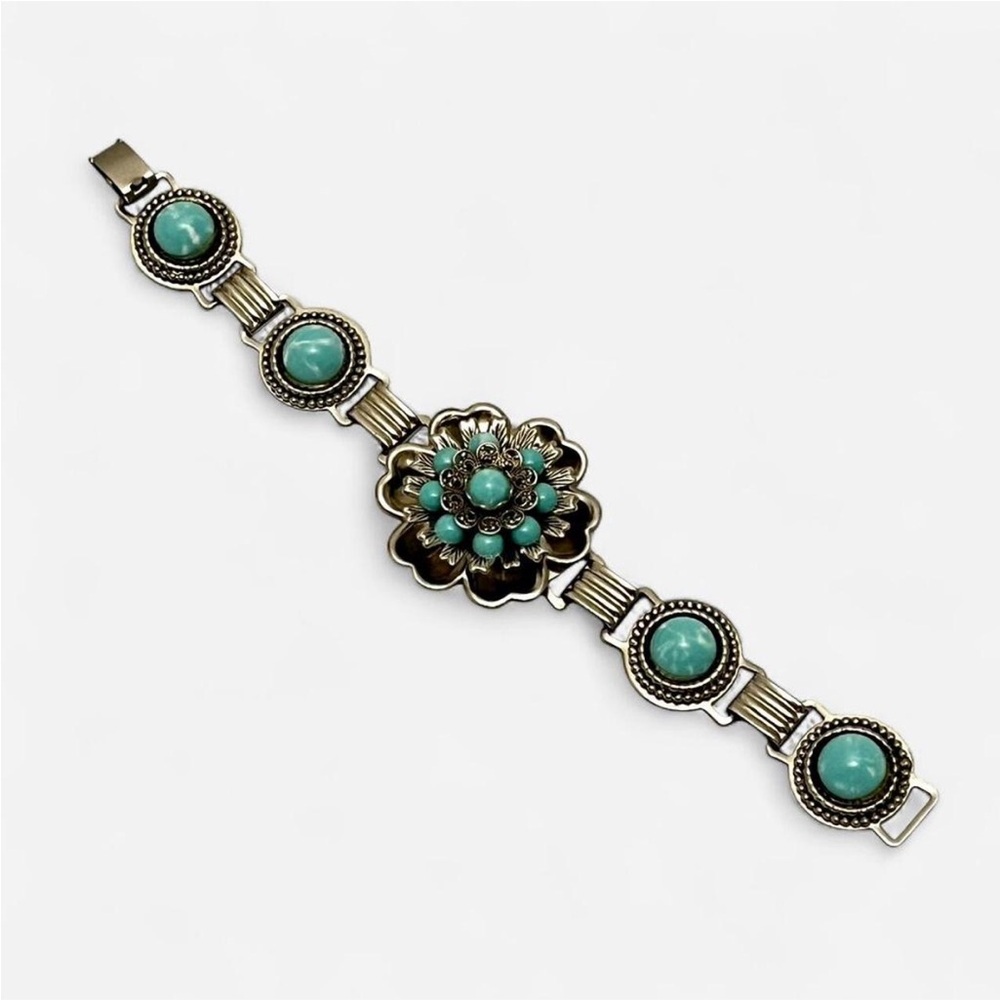 Turquoise and Silver Southwestern Style Floral Bracelet, 6.25 inches Vintage EUC